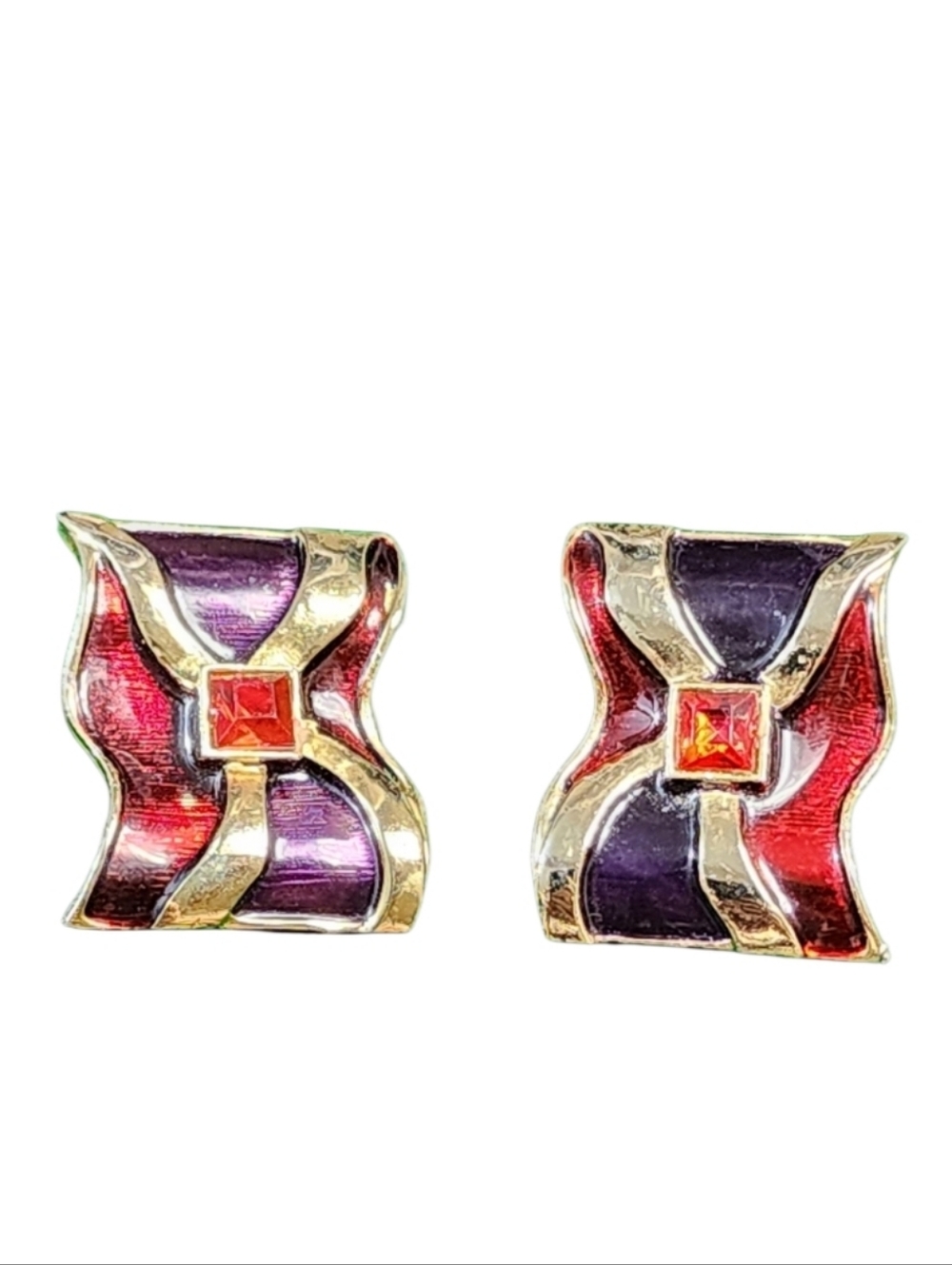 Vintage 1980s Clip On Earrings Gold Tone Red Purple Enamel Bold Sculptural